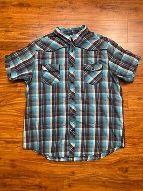 Rerun Mens Blue Plaid Collared Button Down Short Sleeve T-Shirt Size XXL Western